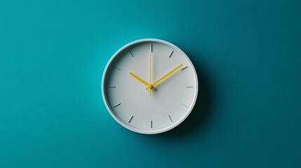 Minimalist image of a white wall clock with a yellow second hand hanging on a blue-turquoise background. The clock is centrally positioned, leaving ample copy space to the sides. 