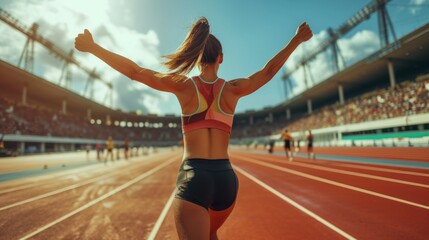 Fototapeta premium A triumphant woman in sportswear stands at the finish line on a sunny day, raising her arms in victory amidst a lively stadium crowd.