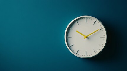 Minimalist image of a white wall clock with a yellow second hand hanging on a blue-turquoise background. The clock is centrally positioned, leaving ample copy space to the sides. 