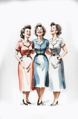 Fototapeta premium Charming Vintage Watercolor of Three Laughing Women in 1950s Style – Sketch Illustration on White Background