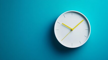 Minimalist image of a white wall clock with a yellow second hand hanging on a blue-turquoise background. The clock is centrally positioned, leaving ample copy space to the sides. 