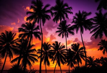 lush palm silhouettes framed vibrant sunset backdrop creating stunning visual contrast, landscape, sky, clouds, color, evening, dusk, trees, nature, exotic