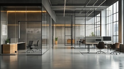 Modern workspace features sleek, minimalist design. Office boasts clean lines and open layout, with glass partitions providing spaciousness and transparency. 