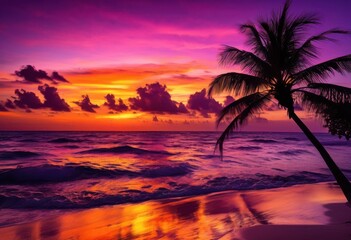 Obraz premium breathtaking tropical beach scene featuring vibrant sunset colors fiery bright deep purples reflecting calm waters, orange, pink, reflection, sky, clouds