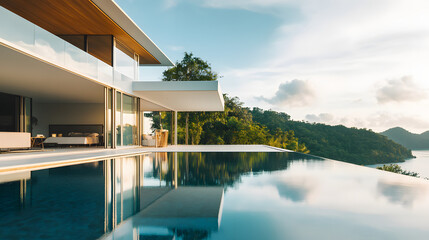 Fototapeta premium A luxurious modern mansion with an infinity pool and large glass walls nestled in a tropical paradise.