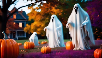 A Halloween scene painted in an impressionist style. Use brushstrokes to capture the essence of ghosts and pumpkins. Soft colors, blurred outlines, and a sense of movement