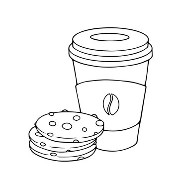 recommend clip art: Line sketch, outline of a cup of coffee with chocolate oatmeal cookies. Vector graphics.