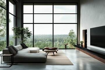 modern living room, spacious interior, large windows, nature view, contemporary design, minimalistic furniture, natural light, greenery outside, elegant decor, serene atmosphere, stylish ambiance, ne