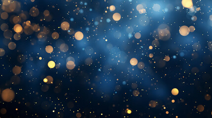 Obraz premium Christmas golden light shine particles bokeh on a navy blue background. Abstract background with dark blue and gold particles.