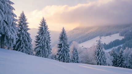 Snowy Mountain Landscape with Fir Trees