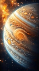 hyperrealistic render of jupiter floating in space intricate details of swirling gas bands the great red spot and atmospheric storms stars and distant galaxies visible in the background