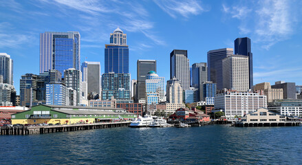 Panoramic view of Seattle Bell Harbor Marina and Seattle financial downtown skyline panorama.