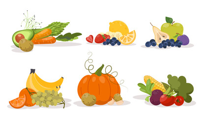 Fruits vegetables berries set. Banana, grape and tomato. Avocado, carrots and potato. Pear, blueberry and plum. Corn and raddish, pumpkin. Flat vector collection isolated on white background
