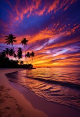 vibrant seaside sunset silhouetted palm trees creating stunning tropical landscape, beach, sky, clouds, orange, yellow, blue, water, reflection, nature