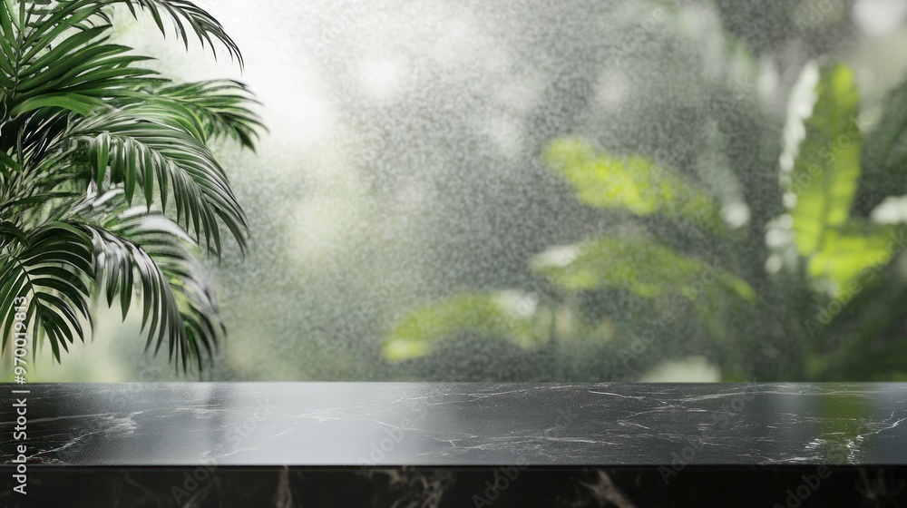 Poster Black Marble Surface with Blurred Tropical Background