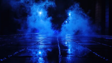 Blue Lights and Smoke on Wet Pavement