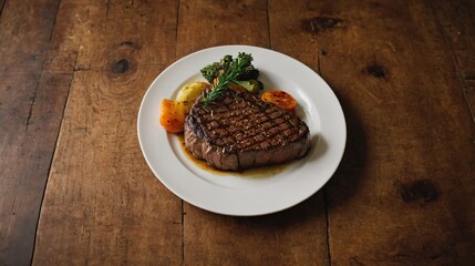 A Steak in plate on a wooden table
