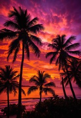 Obraz premium vibrant silhouettes palm trees stunning sunset backdrop creating colorful tropical scene, sky, horizon, nature, landscape, light, orange, pink, purple