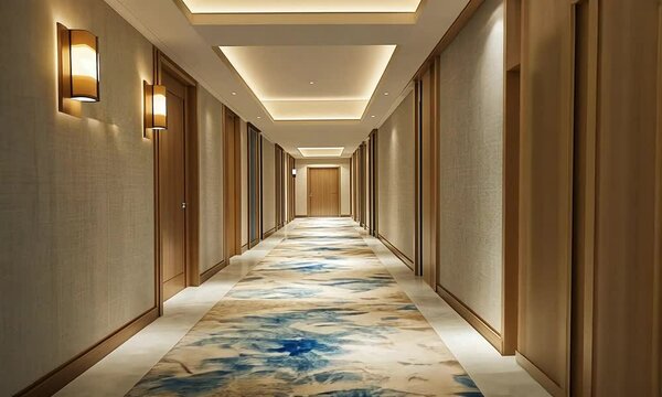 hallway in a hotel with wall lamps