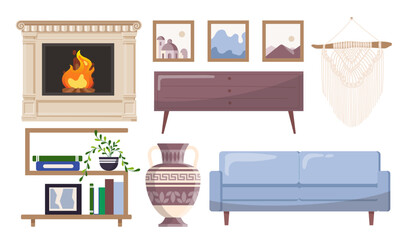 Furniture items in home. Blue sofa, vase, bookshelves and fireblace. Comfort and coziness in apartment. Interior and decor elements. Flat vector collection isolated on white background