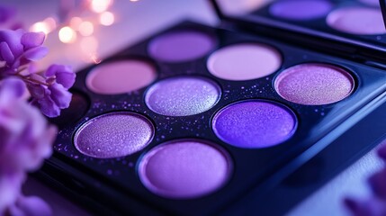 Naklejka premium Purple and pink eyeshadow palettes. Purple themed eyeshadow palette on a table. 