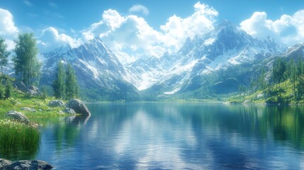 Serene Mountain Lake with Snow-Capped Peaks and Lush Greenery