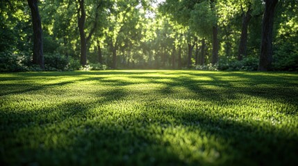 Fototapeta premium Sunlight Filtering Through Trees Onto Lush Green Grass