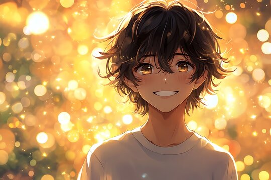 Smiling anime boy with brown hair and eyes, glowing background