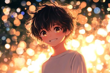 Smiling anime boy with glowing lights in the background. Cute anime character illustration.