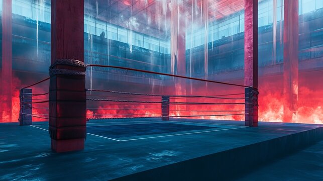 Ropes in vibrant crimson and azure delineate the corners of the pugilistic ring amidst the vast expanse of the stadium's arena. 