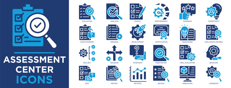 assessment center, employee, business, career, job, concept icon set. Outline icons collection. Simple vector illustration