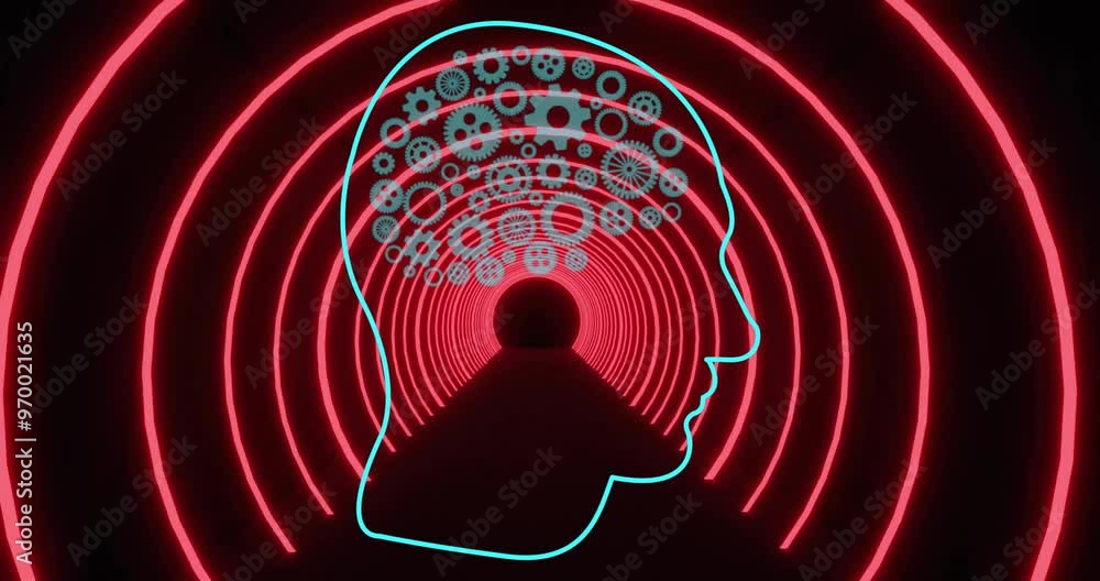 Poster animation of ai brain with cogs digital data processing over scope on black background