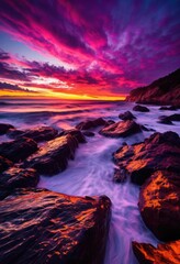 Fototapeta premium vibrant coastal sunset dramatic cloud formations over tranquil waters silhouetted shoreline, beach, coastline, clouds, colorful, dusk, horizon, light, marine