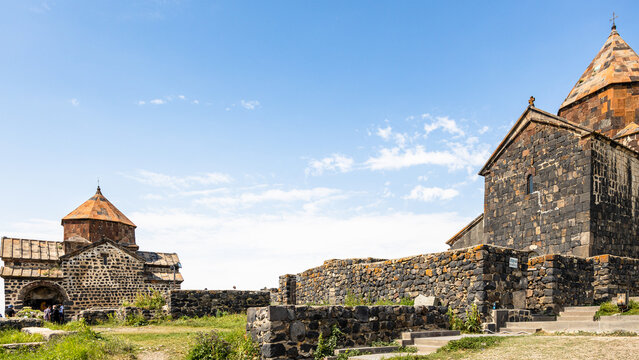 Sevan, Armenia - July 14, 2024: view of Sevanavank Sevan Monastery, Armenia on sunny summer day on Sevan Peninsula