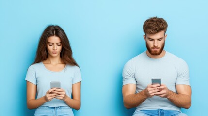 Fototapeta premium Two young adults sitting side by side, engrossed in their smartphones, against a bright blue background. Concept of social media or technology addiction.