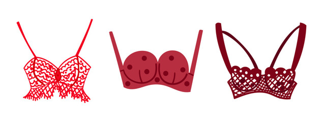 Set of bra, underwear for women. Fashion collection with various types of underclothing. isolated hand drawn cartoon vector illustrations with colorful lingerie on white background.