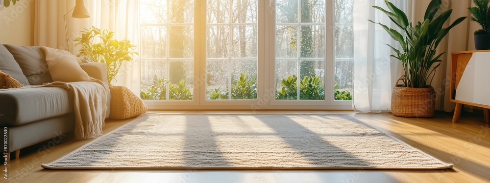 Canvas Prints Bright and airy living room with a cozy sofa, large windows, and indoor plants during a sunny afternoon