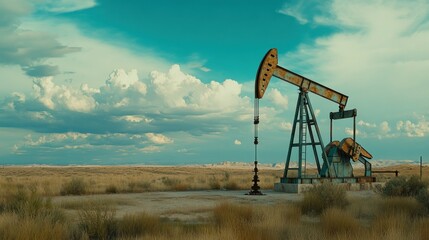 Fototapeta premium Rusty Oil Pump Jack in a Field Against a Cloudy Sky