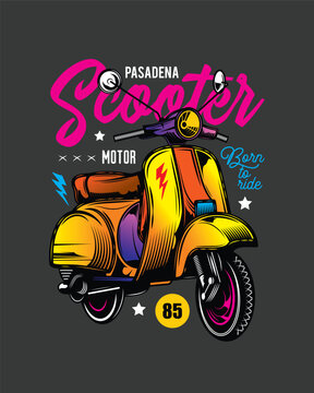 Classic old scooter. Original vector illustration in vintage style. T-shirt design.