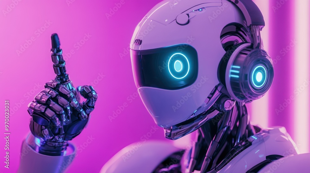 Poster futuristic robot with a finger pointing up