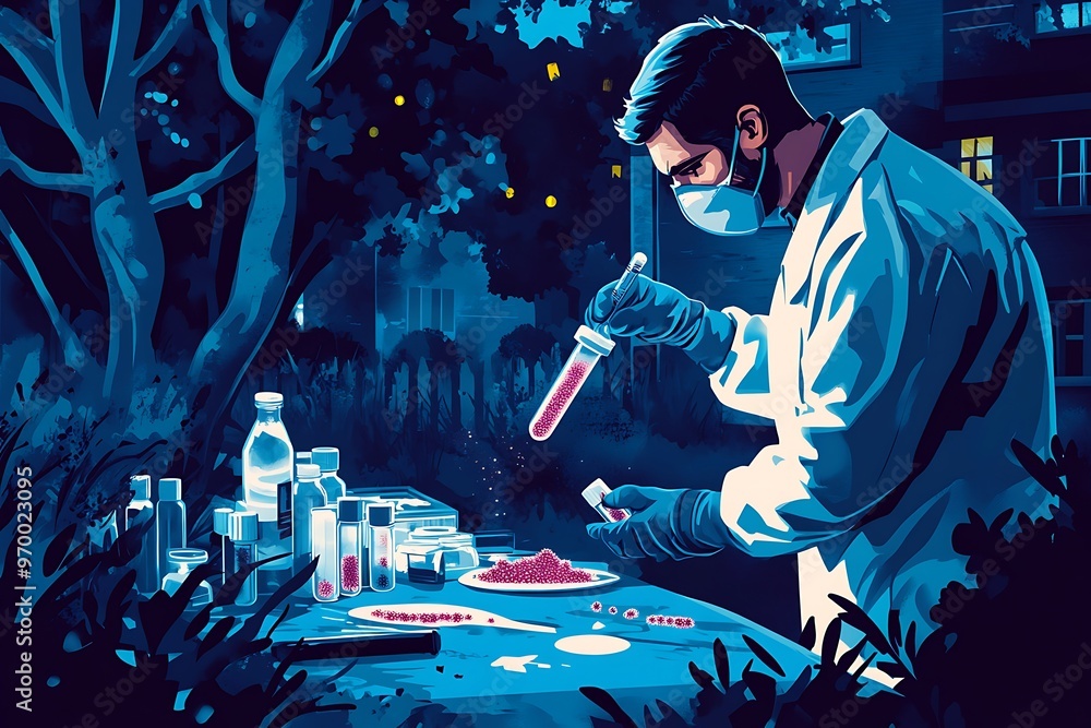 Poster scientist conducting an experiment at night with a glow in the dark substance in the lab