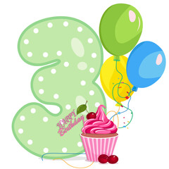 number three, balloons, happy birthday inscription