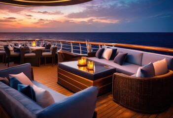 Fototapeta premium stunning twilight view from luxurious cruise ship deck overlooking serene ocean elegant outdoor lounge area, luxury, water, horizon, sunset, travel