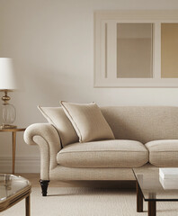 traditional tuxedo sofa in a modern transitional living space. The sofa, covered in a classic beige tweed, is paired with a glass coffee table and contemporary artwork on the walls