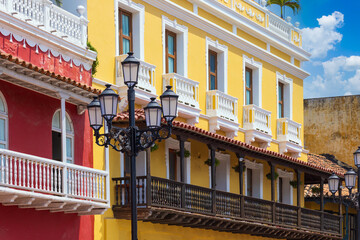 Colombia, colonial old Cartagena Walled City streets and colorful houses in historic center.