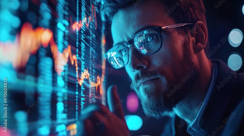 Poster man in glasses staring at digital data and charts