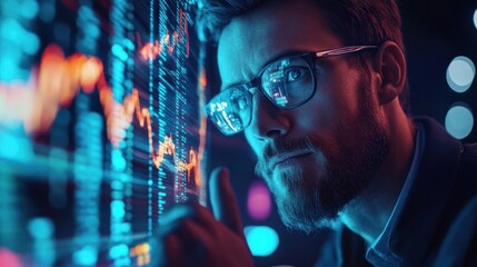 Man in Glasses Staring at Digital Data and Charts
