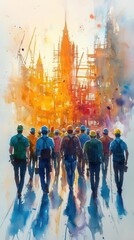 impressionistic watercolor group of workers vibrant splashes of color define figures dynamic brushstrokes convey motion and energy of busy jobsite