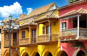 Colombia, colonial old Cartagena Walled City streets and colorful houses in historic center.