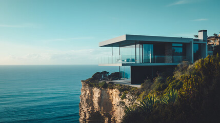 Fototapeta premium A modern cliffside house with a glass elevator offering stunning ocean views from every room.